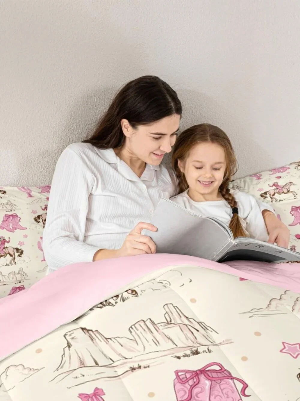 Retro Western Horse Twin Comforter Set for Girls,Pink Cowgirl Boots and Bows Bed